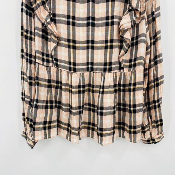 LOFT Size Medium Pink & Black Plaid Ruffled Long Sleeve Keyhole Back Top - Picture 8 of 9